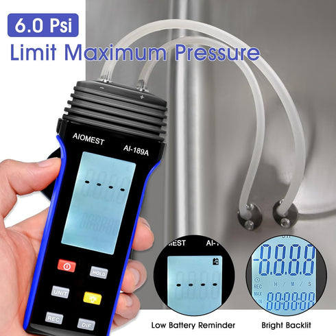 AIOMEST Digital Manometer Gas Pressure Tester ±2 psi / ±13.79 kpa, Dual Port Air Flow Pressure Gauge