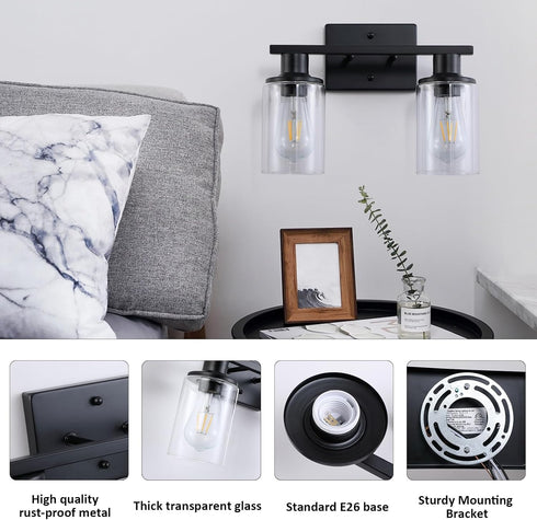 Litaddscen 2-Light Matte Black Bathroom Vanity Light,Bathroom Light Fixtures Over Mirror with Clear Glass Shade,Modern