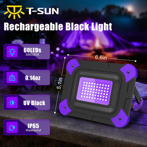 1Pack T-SUN Rechargeable Black Lights, Battery Powered Blacklights for Glow Party Fishing Cordless Black Light