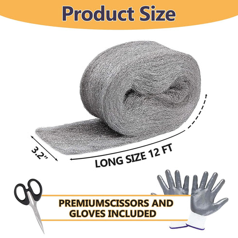 Steel Wool for Mice Control, 1 Pack, 3.2"x12ft Wool, Gap Filler for Home & Garage