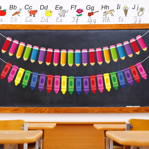Doumeny 4Pcs Colorful Crayon Paper Banner Back to School Pencil Bunting Garland Colorful Pencil Hanging Bunting First