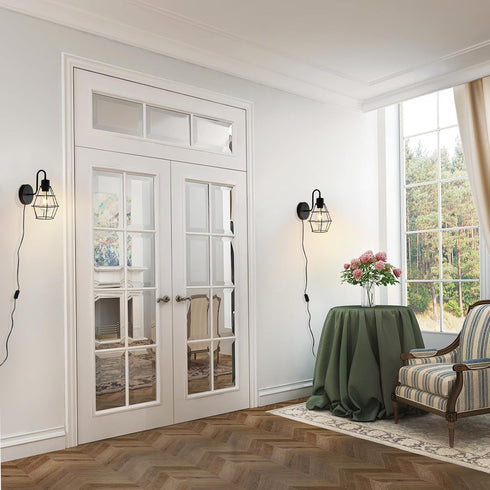 E26 Bulb Plug in Wall Sconce with On/Off Switch Wall Mount Light Fixture with Cord, Black Metal Wire Cage Lampshade