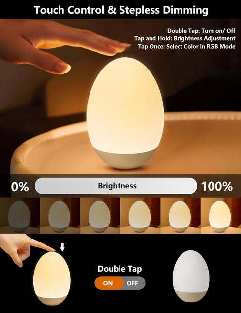 Dimming 7 Egg Night Light for Nursery: Baby Night Lights Tap Lamp Stepless with Warm White and RGB Colors Rechargeable