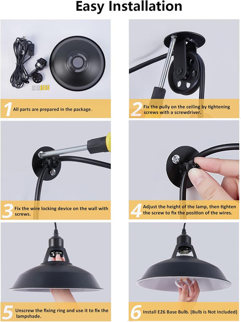 14.76ft 1 Pack Lomoky Plug in Pulley Pendant Light with Cord On/Off Switch, Industrial Barn Black Hanging Lights