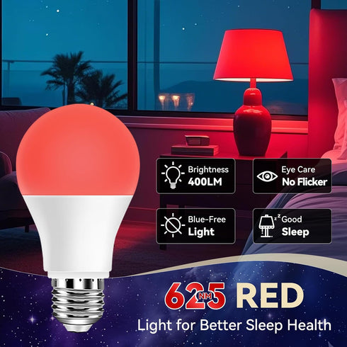 625nm Bulbs 3W, 100% Bulbs A19 40W Bulb 6-Pack Neporal Red Light for Sleep Blue Light Blocking Light for Melatonin
