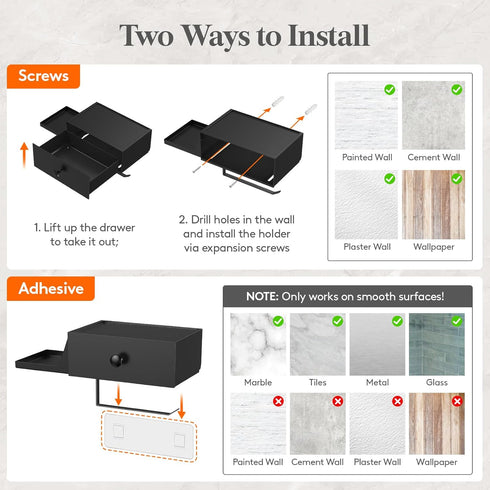 2 Pack Lifewit Toilet Paper Holder with Shelf and Drawer, Screw or Adhesive Wall Mount Tissue Roll Storage, Dustproof