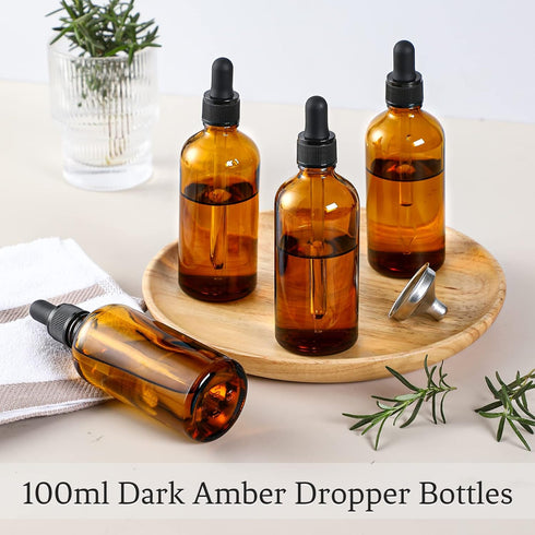 AOZITA 4 Pack 100ml Dark Amber Dropper Bottles with 1 Funnel & 4 Labels, 3.4oz Brown Glass Tincture Bottles for
