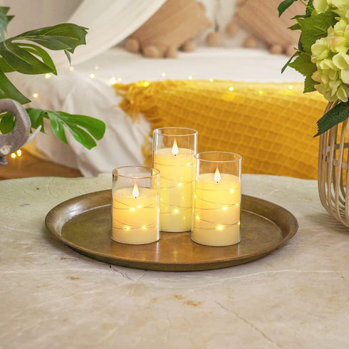 Set 3, Homemory Flickering Flameless Candles with String Lights, Battery Operated Candles, Embedded String Lights LED