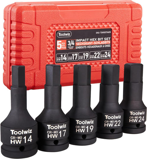 Toolwiz 3/4 Inch Drive Impact Hex Bit Set, 5-Piece Metric 14mm-24mm, Cr-Mo