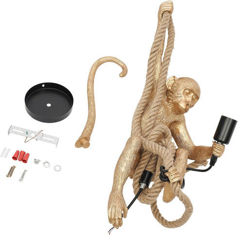 lxrnqcey E26 Vintage Monkey Pendant Light, Golden Monkey Hanging Lamp, Retro Resin Hemp Rope Chandelier, Hanging Light