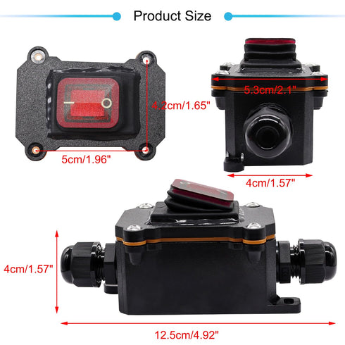 IP67 Waterproof Inline Cord Switch, 16A/250V 20A/125V AC DPST, 4Pin On Off Toggle Switch with Red Light Rocker