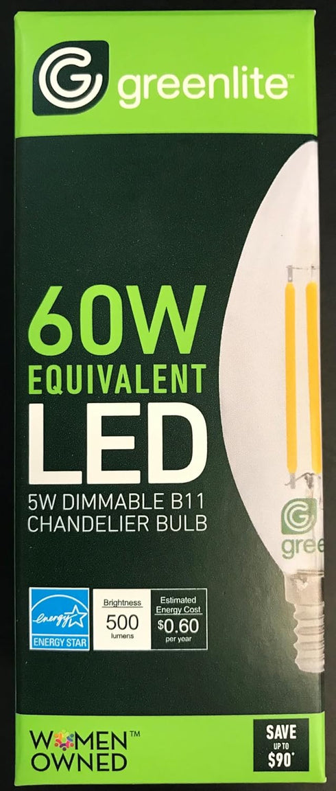 Greenlite B11 5W Bulb, 60W 500 2700K Dimmable, 120V, E12 (6 Pack) LED Torpedo Filament Chandelier Light Equivalent