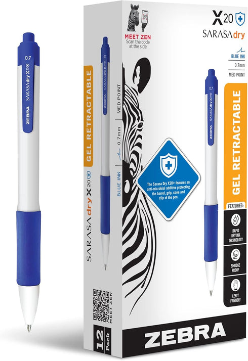 Zebra Pen Sarasa Dry X20+ Retractable Gel Pen, Plastic Barrel, Medium Point, 0.7mm, Blue Ink, 12-Pack