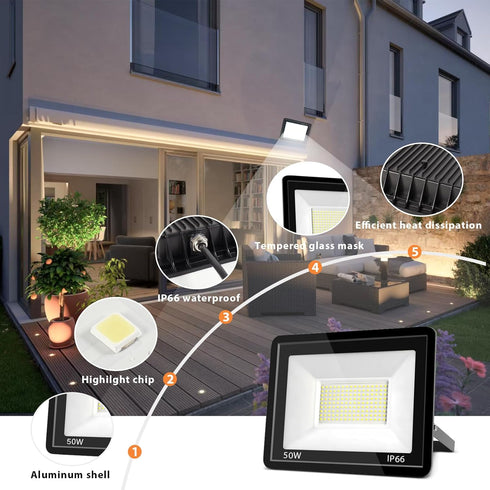 50W 6500K White,12000LM Light,IP66 LED Flood Light Outdoor Daylight Super Brighter LED Work Waterproof Security Light