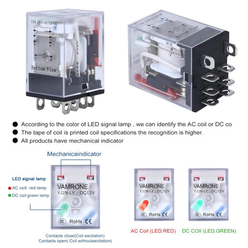 Electromagnetic Power Relay, 8-Pin 10 AMP 12V DC Relay Coil with Socket Base, LED Indicator, MY2NJ