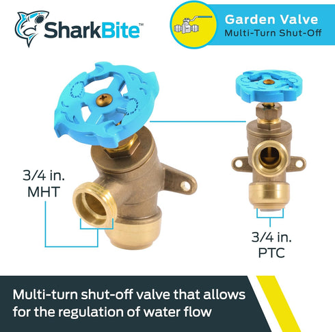 SharkBite 3/4 Inch x 3/4 Inch MHT Garden Valve, Multi Turn, Push to Connect Brass Plumbing Fitting, PEX Pipe, Copper, CPVC, PE-RT, HDPE, 24623LF by SharkBite