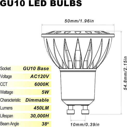 ALIDE GU10 Led Bulbs 5W 6000k Daylight White Dimmable,25W-35W Halogen Equivalent,MR16 GU10 Base AC120V Dimmable Led Spotlight Track Light Bulbs,450LM,38 Degrees,6Pack by ALIDE