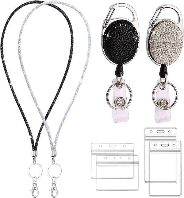 VIQWYIC Retractable ID Badge Holder 2 Pack with Bling Neck Strap Lanyard, Clear Card Holder for Office Worker