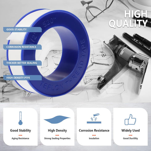 4 Rolls Teflon Tape, 1/2 Inch X 520 Inches, PTFE Plumbing Sealant Tape for Shower Head and Water Pipe