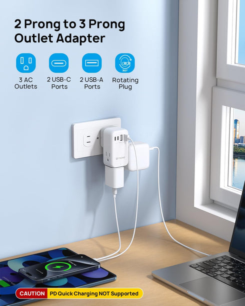TROND 3 Prong to 2 Prong Adapter with 360 Rotating Plug, 2 Prong Outlet Extender with 3 AC Outlets and 4 USB Ports(2 USB C), US to Japan Plug Adapter, Wall Outlet Adapter for Travel, Home, Cruise