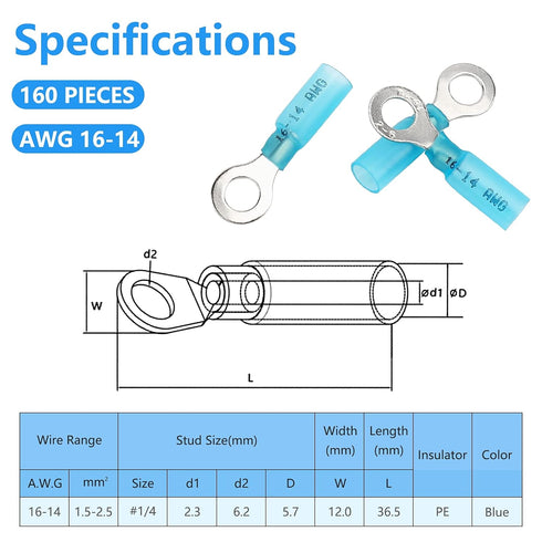 160 PCS Heat Shrink Ring Terminals, Insulated Blue Ring Terminals for 16-14 AWG Automotive Electrical