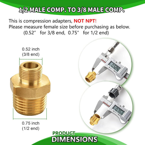RV Faucet Adapter 1/2" to 3/8" Reducer, Brass Kitchen Faucet Supply Line Adapter, 3/8" Compression Fitting, 2 Pieces