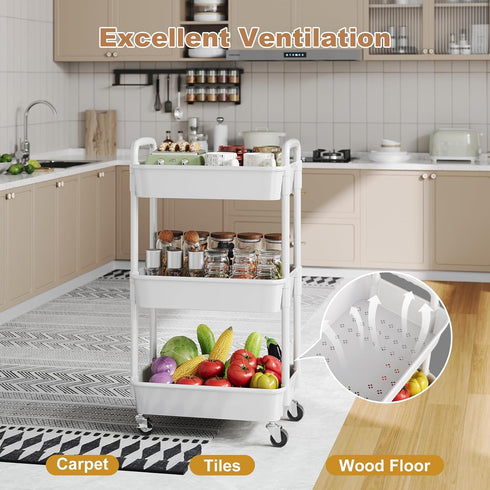 WBKATN 3 Tier Rolling Cart with Wheels, White Plastic Three Tiered Roller Shelf Cart on Lockable Wheels, Small Utility