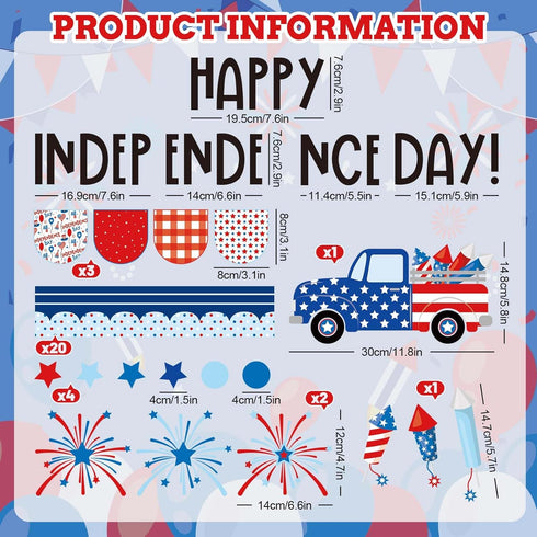 JarThenaAMCS 74Pcs Happy Independence Day Bulletin Board Kit Patriotic Red Blue Star Truck Fireworks Paper Cutouts with 100Pcs Glue Points 4th of July DIY Craft Art Decor for School Home Party by JarThenaAMCS