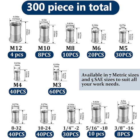 Vifmy Kit(300 M3 M4 M5 M6 M8 M10 M12#8-32#10-24 1/4"-20 5/16"-18 3/8"-16 304 Set Metric & SAE Rivet Nut Assortment