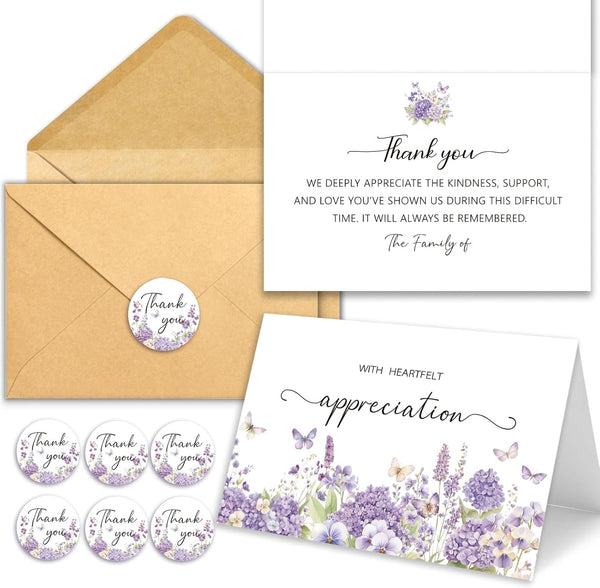 Funeral Thank You Cards with Envelopes, Set of 50, Purple Watercolor Floral