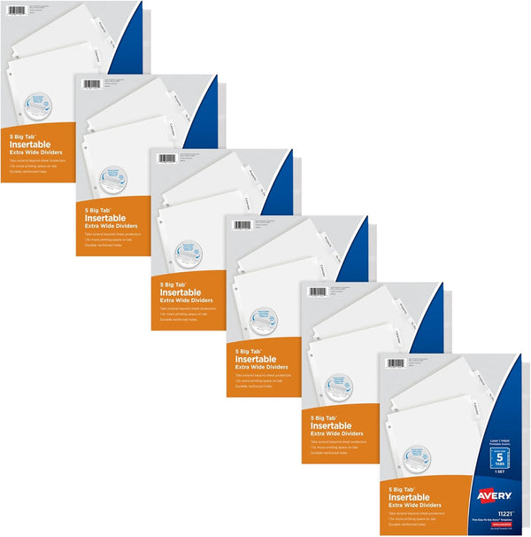 Avery Extra-Wide Big Tab Insertable Dividers for 3 Ring Binders - 5 Tab Sets, White Paper, Clear Tabs, 6 Sets (41121)