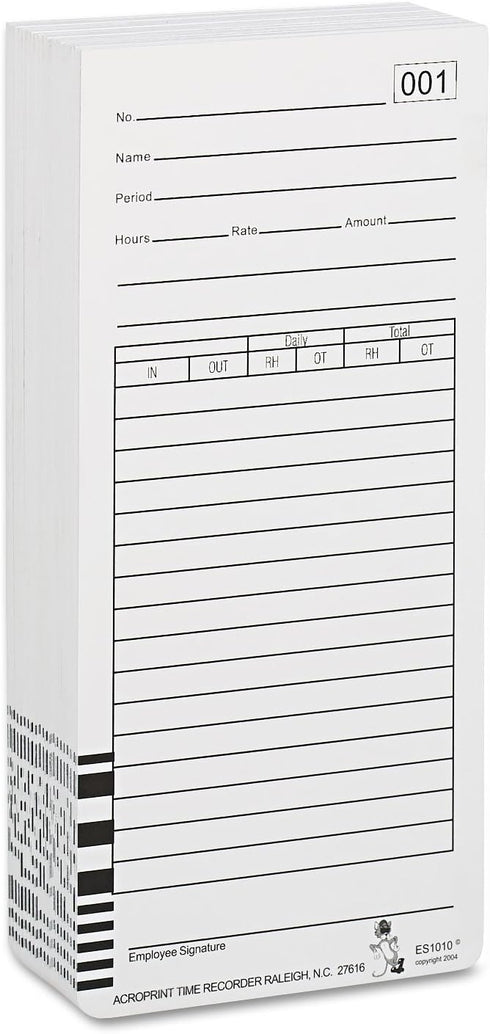 Acroprint 099111000 Es1000 100/Pack Time Card for Electronic Totalizing Payroll Recorder