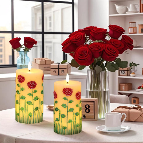 6 3D Decor((2Pcs, D3H6.5) Eldnacele Rose Flameless Candles with Hour Timer, Battery Operated Hand Painted Wick