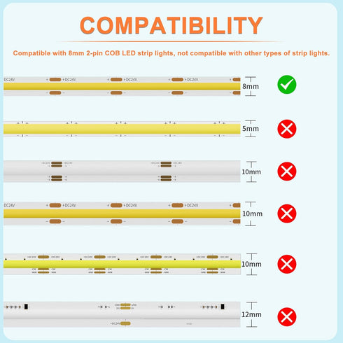 8mm Connectors Kit for 2-Pin COB LED Strip, 12pcs Gapless L-Shaped/Corner Solderless Extension Connectors for DIY