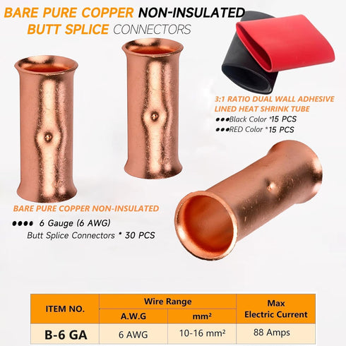 6 Gauge Butt Splice Connectors 30 PCS 6 AWG Non-Insulated Butt Connectors,Bare Pure Copper Butt Splice Wire Connector,Heavy Duty Uninsulated Crimp Butt Terminals + 30 PCS 3:1 Heat Shrink Tube