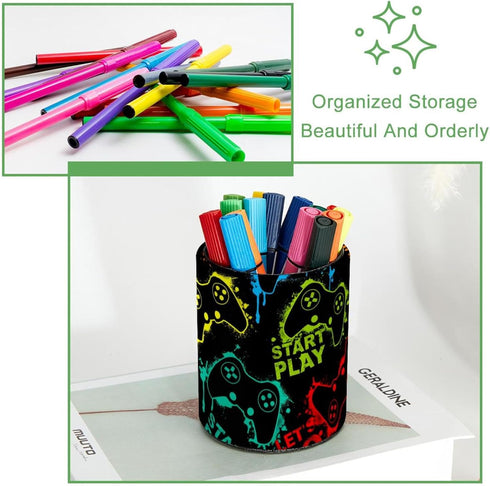 PVC Leather Circular Pen Holder for Desk, Colorful Joystick Game Pencil Organizer with Flannel Lining