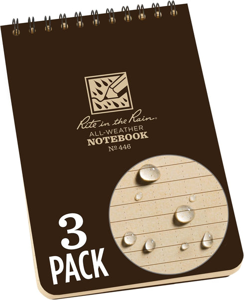 Rite In The Rain Weatherproof Top-Spiral Notebook, 4" x 6", Brown Cover, Universal Pattern, 3 Pack (No. 446-3)