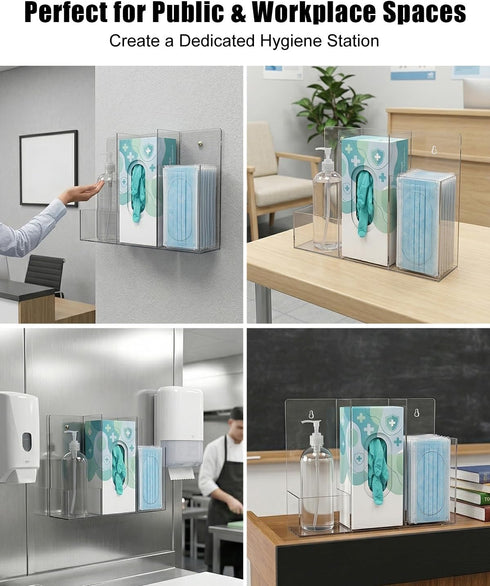 JVWKPU 3-Compartment Triple Hygiene Dispenser Station, Clear Acrylic PPE Organizer for Masks, Gloves & Hand Sanitizer