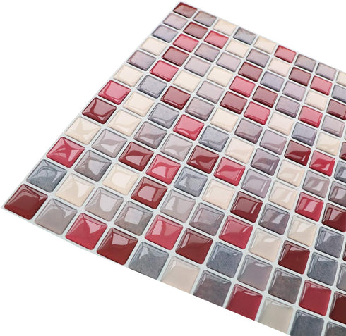 Yoillione 3D Mosaic Tile Sticker, Removable Wallpaper Tile Red, Self Adhesive Wall Tiles for Kitchen Backsplash
