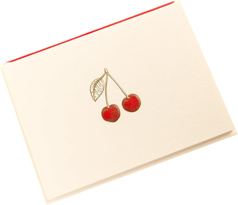 Set, 10 11 5.25" 3.8" Graphique Cherries Designer Cards Luxe Collection, Gold Foil Embossed Stationery Boxed Blank