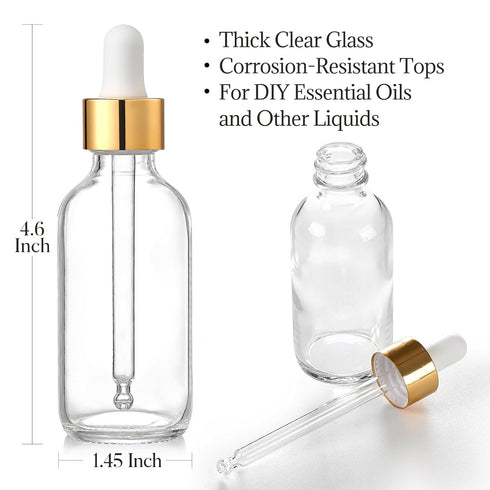 AOZITA 4 Set of 2 oz Clear Dropper Bottles (60ml) with 1 Funnel & 4 Labels - Glass Tincture Bottles for Essential Oils