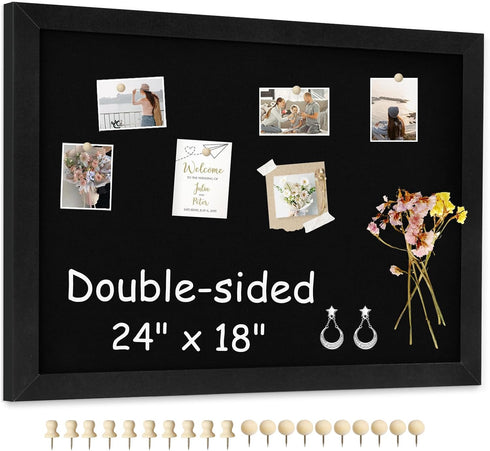 Double-Sided Black Cork Board with Linen, 24" x 18" Wood Framed Bulletin Board with 20 Pushpins