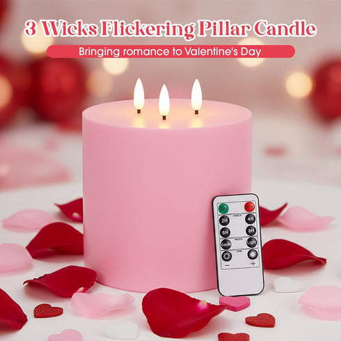 6'' 6'' 3 Retisee Valentine's Day Pink Extra Large Flameless Candles x LED Battery Operated Real Wax Wicks Flickering