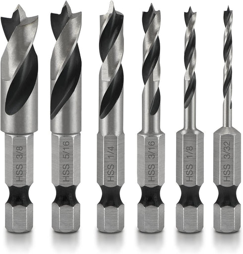 NEIKO 11401A 6 Piece Brad Point Drill Bit Set, Stubby for Wood, 1/4" Quick Change Hex Shank