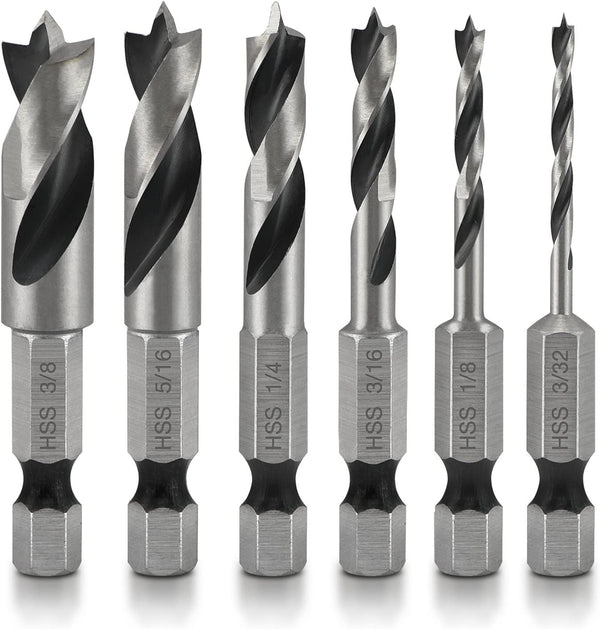 NEIKO 11401A 6 Piece Brad Point Drill Bit Set, Stubby for Wood, 1/4" Quick Change Hex Shank