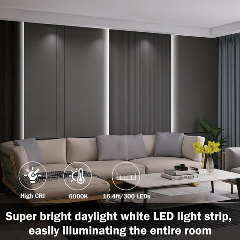 16.4ft 8.2ft 2 USB LED Light Strip White with Battery Box (Batteries Not Included), Daylight Under Cabinet Strip Lights