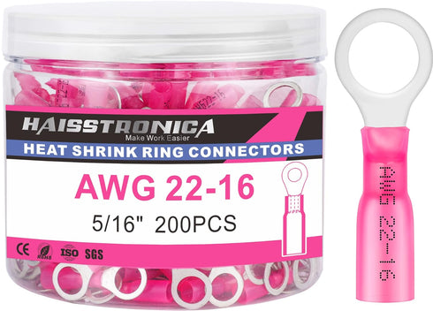 haisstronica 200PCS Heat Shrink Ring Terminals 5/16" Marine Grade Wire Connectors, Red AWG 22-16 Gauge