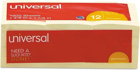 Universal 35662 Standard Self-Stick Notes, 1 3/8 x 1 7/8, Yellow, 12 100-Sheet/Pack
