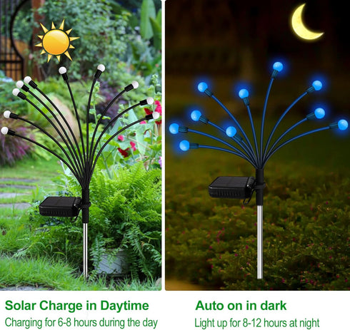 2 Pack 16 Kohlrabi Solar Garden Lights Outdoor, LED Solar Blue Firefly Lights Waterproof, Sway by Wind, Swaying Light