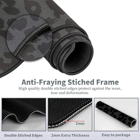 Large Gaming Mouse Pad with Coasters + Cable Clips, Black Leopard Print Extended Mousepad (31.5 x 11.8) with Stitched